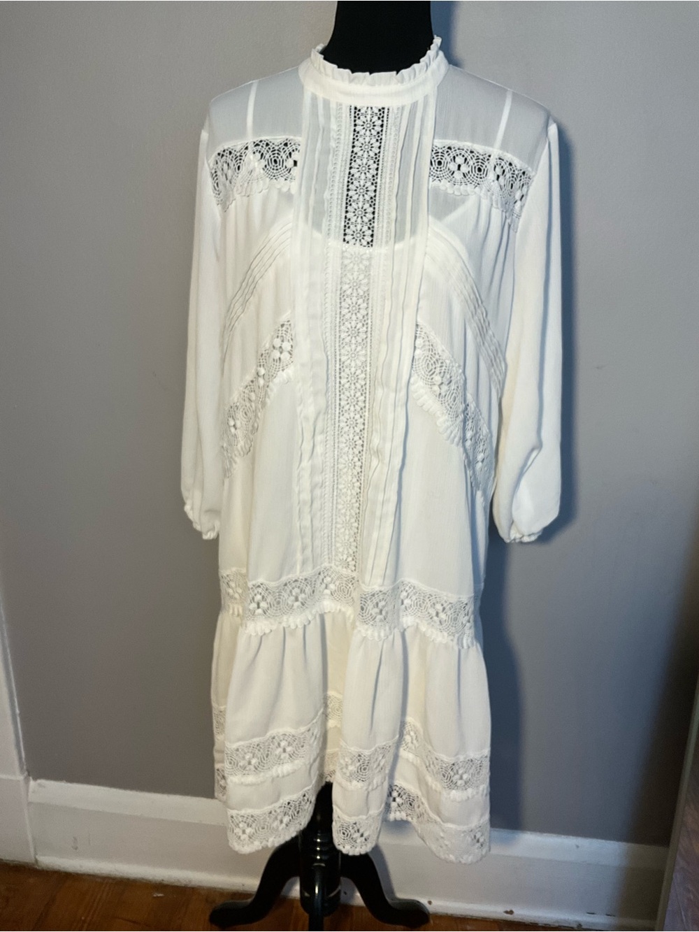 New York & Company Cream Lace-Trim Tiered Peasant Dress